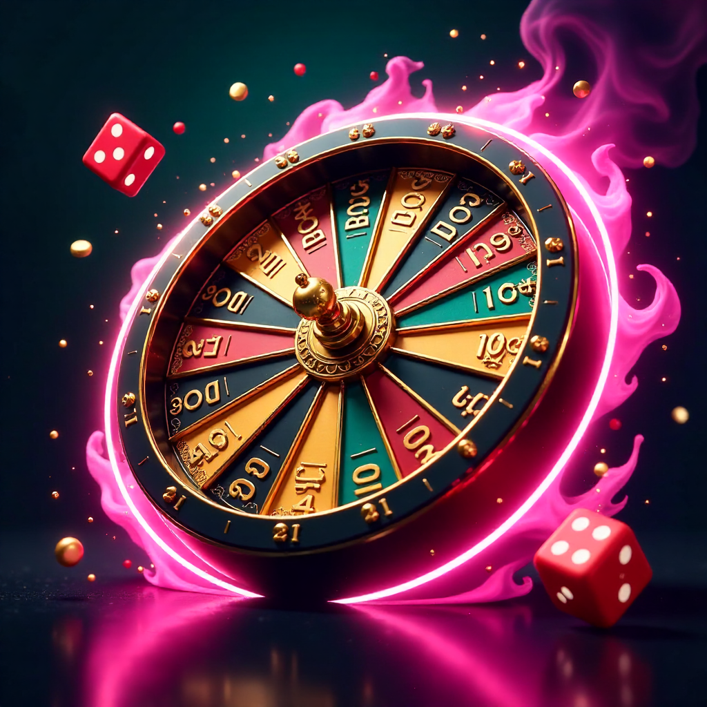 Dynamic 3D explosion of Crazy Time wheel segments, golden multipliers, and dice mixed with elegant Italian Renaissance gold patterns, vibrant pink and teal neon energy trails, dark charcoal reflective background, high-tech gambling art, high contrast, sha